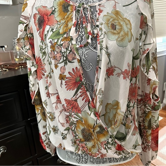 Charlotte Russe Floral Ruffle Sleeve Sheer Peasant Blouse | Size M - Picture 6 of 13